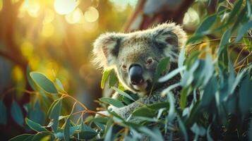 Koala in Eucalyptus Tree at Sunset. Concept of Wildlife, Nature, Australian Animals, Tranquil Scenery. Cute koala joey photo