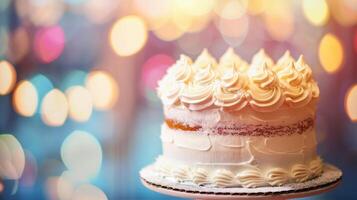 Elegant white-frosted cake with bokeh lights in the background. Ideal for birthday celebrations, dessert promotions, and festive occasions. Copy space photo