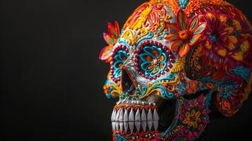 Colorful sugar skull with intricate floral patterns. Vibrant calavera with detailed flower designs. Concept of Day of the Dead, Mexican culture, traditional crafts, Halloween. Space for text photo