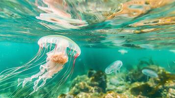 Sunlit underwater scene with glowing jellyfish. Radiant marine life. Concept of ocean exploration, luminous sea creatures, and aquatic light play. photo