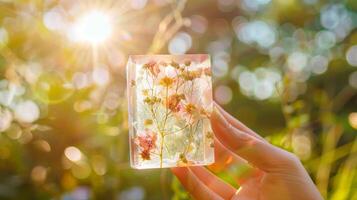 Hand holding a transparent handmade soap with flowers embedded, illuminated by sunlight. Concept of organic beauty, eco-friendly skincare, and natural aesthetics. photo