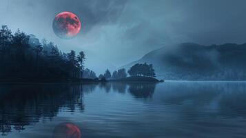 Tranquil lake with forest and red full moon at night. Calm water with trees and crimson moon glowing in the sky. Concept of serenity, nature's beauty, peaceful landscape, night scenery photo