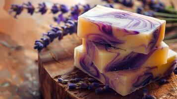 Herbal soap bars with lavender, showcased on a shimmering background. Lavender-scented soap display. Concept of therapeutic skincare, calming fragrance, and organic bath essentials. photo