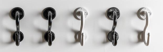 Five black metal hooks on a white background. Series of wall hooks. Concept of organization, utility, order, home decor photo