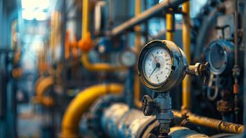 Industrial pressure gauge in a blurred factory background. Concept of machinery, industrial equipment, measurement, pressure monitoring photo