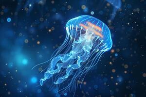 A blue neon jellyfish with white dots is floating in the water. The jellyfish is surrounded by a lot of light, which creates a dreamy and ethereal atmosphere. Medusa photo