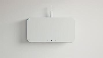 Minimalist white Wi-Fi router mounted on a white wall. Concept of modern technology, wireless internet, home networking, sleek design photo
