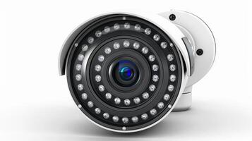 Close-up of a security camera lens with infrared LEDs on a white background. Concept of surveillance, security technology, monitoring systems, safety equipment photo