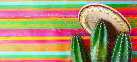 Bright Striped Background with Mexican Sombrero and Cacti. Festive Design Celebrating Mexican Culture. Concept of Vibrancy, Tradition, Desert Flora, Colorful Festivities, cactus. Banner. Copy space photo