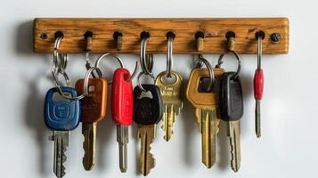 Diverse collection of keys hanging on a wooden key rack. Concept of organization, security, home utilities, key holder, car keys photo