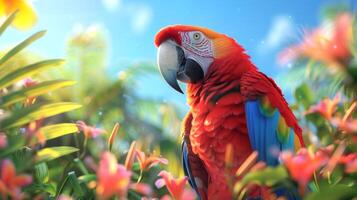 Scarlet macaw with vibrant plumage in lush tropical jungle. Concept of exotic bird, rainforest wildlife, colorful parrot, nature habitat photo