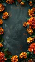 Orange marigolds flowers arranged on dark background. Copy space. Concept of floral arrangement, nature beauty, botanical design. Day of the Dead, Dia de los Muertos. Greeting card. Vertical photo