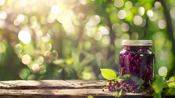 Jar of wild berry jam with fresh berries on a wooden table in sunlight. Homemade preserves in a natural setting. Concepts of organic food, homemade, and nature. Copy space photo