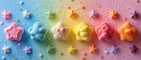Assorted cute animal and star-shaped bath bombs for kids. Vibrant colors and charming designs. Concept of fun, child-friendly bath products, fun hygiene, and playful bath time. photo