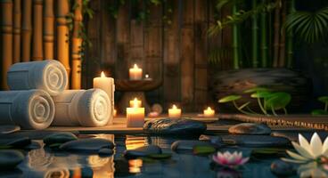 Elegant spa setting with lit candles, flowers, towels, smooth stones. Calming wellness retreat for relaxation. Concept of luxury Thai spa, self-care, indulgence. Banner. Space for text photo