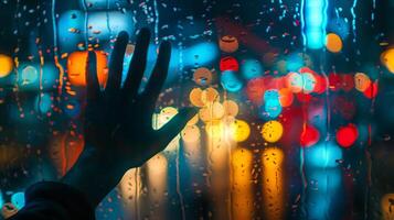 Hand touching rain-covered glass against colorful bokeh background. Concept of longing, solitude, rainy night, human emotion photo