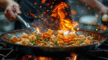 Chef prepares Thai food in flaming wok, fiery cooking with fresh ingredients. Close-up of sauteing vegetables and seafood. Concept of Asian cuisine, live cooking, culinary photo