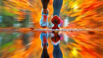 Running shoes on a vibrant autumn road. Sneakers on a colorful fall pathway. Woman jogging. Concept of fitness, outdoor exercise, seasonal change, jogging, and health photo