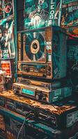 Vintage Jukebox and Cassette Players in Retro Music Shop. Concept of retro cassette tape player, music memorabilia, historical soundtracks, and cultural nostalgia photo