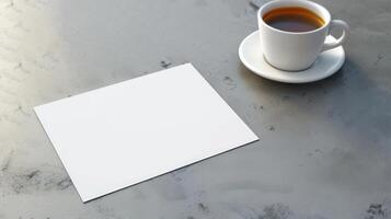 Textured table with coffee cup and blank white paper for text. Minimalist setup with drink and space for writing. Mockup. Concept of work, idea generation, contemporary design, planning space. photo
