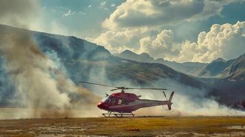 Red helicopter lands in a smoky mountain landscape. Ruby chopper touches down in misty highlands. Concept of aerial transportation, emergency rescue, rugged terrain, and adventure photo