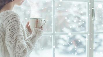 Caucasian woman in a cozy white sweater holding a steaming mug by a window. Concept of warmth winter serenity and relaxation. Banner. Copy space. Christmas, New Year photo