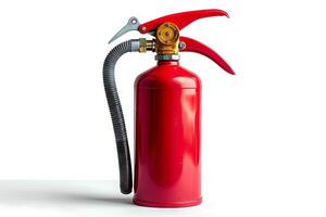 Red fire extinguisher with attached hose on a white background. Safety tool for fire emergencies. Concept of safety, emergency preparedness, fire prevention, protective equipment photo