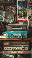 Vintage Radio and Cassette Players Stacked in Retro Shop. Concept of retro cassette tape player, music memorabilia, historical soundtracks, and cultural nostalgia photo