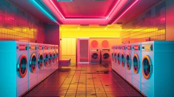 Futuristic laundromat with neon lights and sleek washing machines. High-tech laundry facility. Concept of technology, efficiency, modern public amenities. photo