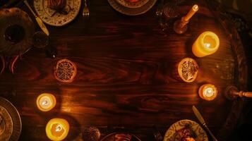 Halloween dinner table decor with candles and spider web details. Concept of festive dining, spooky atmosphere, Halloween celebration, and table setting. Banner. Copy space photo
