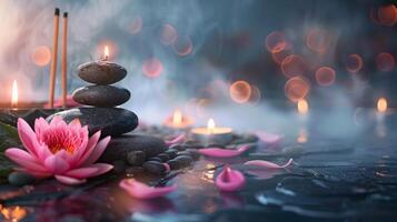 Zen stones with a pink lotus and lit candles in a meditative setting. Concept of spa, tranquility, and spiritual healing. Banner. Space for text photo