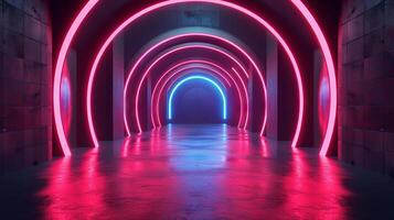Neon archway with glowing pink and blue lights. Futuristic tunnel design. Concept of modernity, technology, innovation, vibrant colors photo