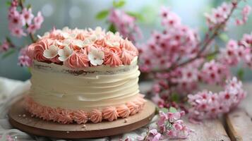 Beautiful cake adorned with pink flowers on a wooden board. Gorgeous dessert decorated with floral icing on a rustic surface. Concept of celebration, baking artistry, special occasion, dessert design photo