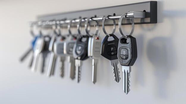 de cerca ver de varios coche llaves colgando en un llave poseedor. metal y el plastico llaves en enfocar. concepto de seguridad, automotor, llave poseedor organización, equipo foto
