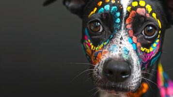 Colorful dog with face paint in decorative patterns. Painted puppy in bright colored designs. Concept of animal art, unique pet portraits, Day of the Dead, Dia de los Muertos celebration. Copy space photo