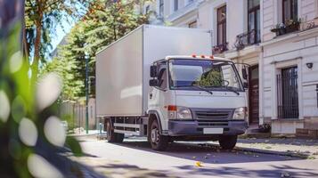 White delivery truck parked on a sunny residential street. Transport, logistics, urban delivery, vehicle concept photo