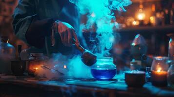Medieval potion-making scene with a witch grinding herbs and steam rising. Concepts of witchcraft, alchemy, ancient science, historical medicine, mystical brewing photo
