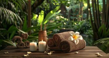 Relaxing ambiance in a tropical spa with candles. Spa setup with towels in a lush garden. Concept of tranquility, therapeutic environment, relaxation therapy, and lush greenery. Copy space photo