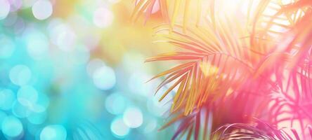 Bright summer tropical background with vivid colorful palm leaves and bokeh effect. Trendy botanical wallpaper with soft colors. Festive mood. Summer vibes. Banner. Copy space. Mockup for design photo