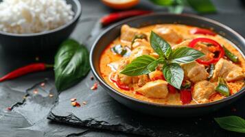 Creamy Thai chicken curry with red peppers in a dark bowl. Garnished with basil leaves and chili slices. Concept of authentic Thai food, flavorful entrees, and vibrant cooking. photo