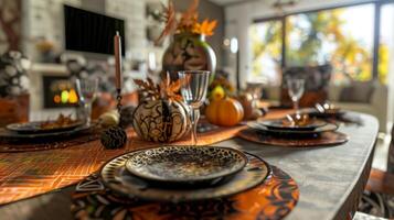 Autumn themed table setting with pumpkins and fall decorations. Concept of seasonal decor, holiday table, autumn atmosphere, home dining photo