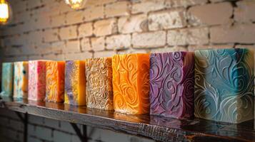 Array of artisanal soaps featuring complex designs on a white brick shelf. Collection of handmade soaps. Concept of craft hygiene, decorative cleanliness, and creative personal care. photo