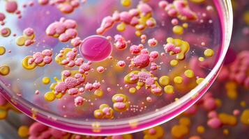 Petri dish with colorful microbial growth. Scientific laboratory experiment. Concept of microbiology, biochemistry, science research, microbial life photo