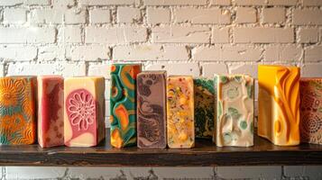 Colorful soap bars with intricate designs displayed against a white brick backdrop. Handmade soap collection. Concept of personal care, hygiene products, and artistic craftsmanship. photo
