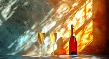 Champagne bottle with glasses. Champagne flutes with sparkling wine. Celebratory drinks. Concept of celebration, toast, elegance, festivities, romance, events. Banner. Copy space. photo