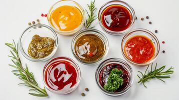 Assorted colorful sauces in glass bowls arranged in a grid. Variety of condiments. Food, culinary diversity, flavor collection, dining concept photo