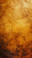 Golden abstract background with spider web patterns. Textured backdrop. Autumn theme, nature's art, Halloween decoration, luxurious design concept. Copy space. Vertical photo