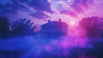 Mysterious large house at twilight surrounded by fog. Concept of haunted mansion, spooky atmosphere, eerie twilight, mysterious architecture, Halloween photo