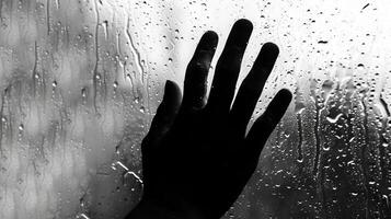 Black and white image of a hand touching a rain-covered window. Concept of melancholy, solitude, longing, emotional photo