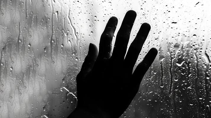 A man caught in the rain with a somber expression on his